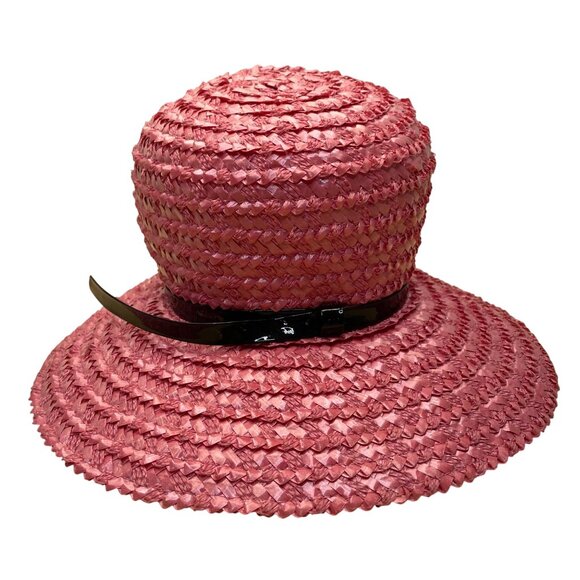 Beresford Womens Pink Straw Hat Woven Wide Brim Church Cloche Style Black Band T - Picture 1 of 8